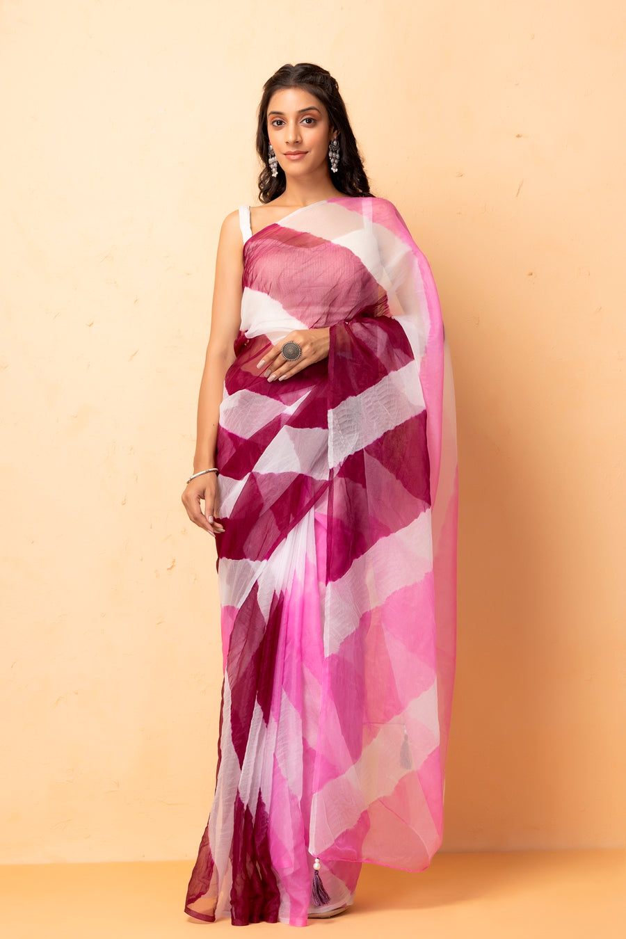 Pink Purple Shaded Organza Hand Dyed Leheriya Saree