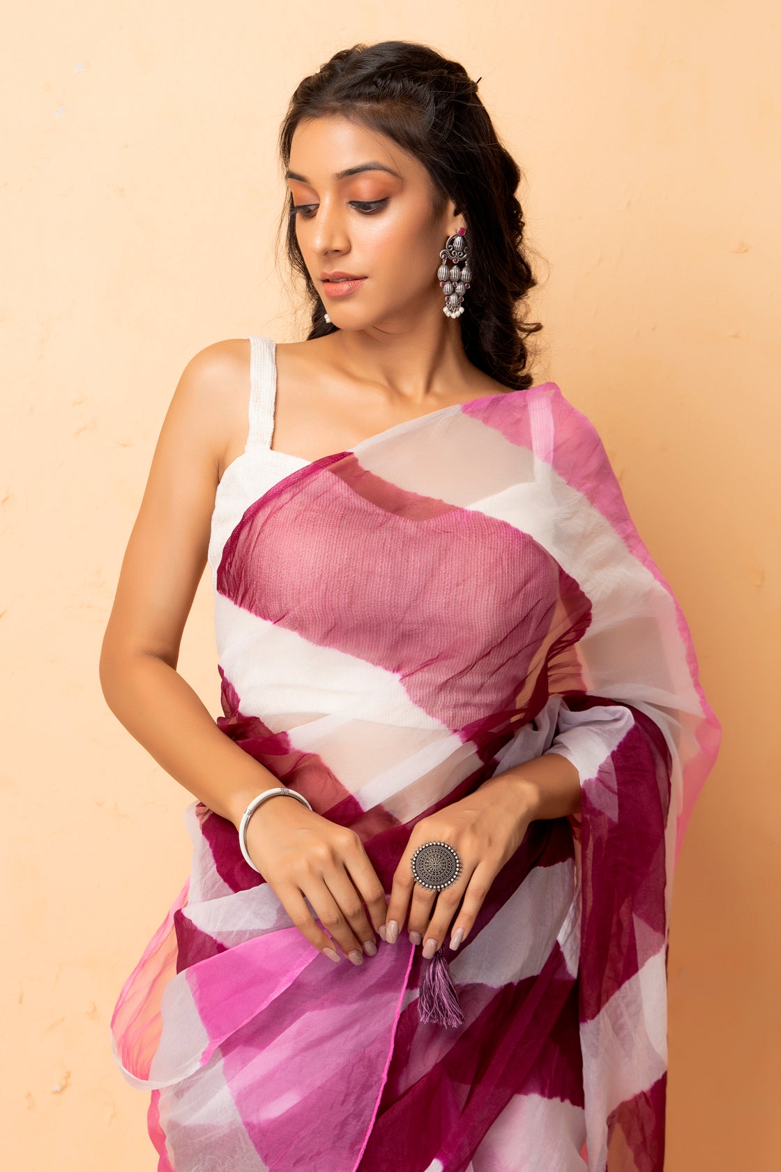 Pink Purple Shaded Organza Hand Dyed Leheriya Saree