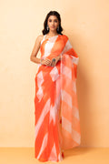 Orange & White Shaded Organza Hand Dyed Leheriya Saree With Tassels
