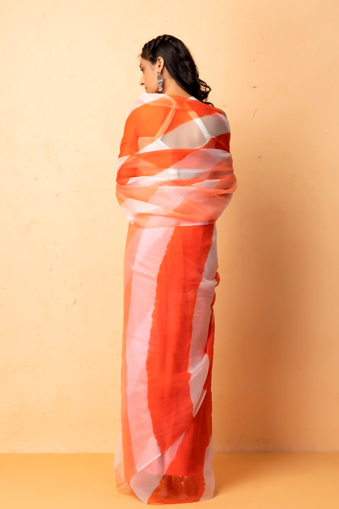 Orange & White Shaded Organza Hand Dyed Leheriya Saree