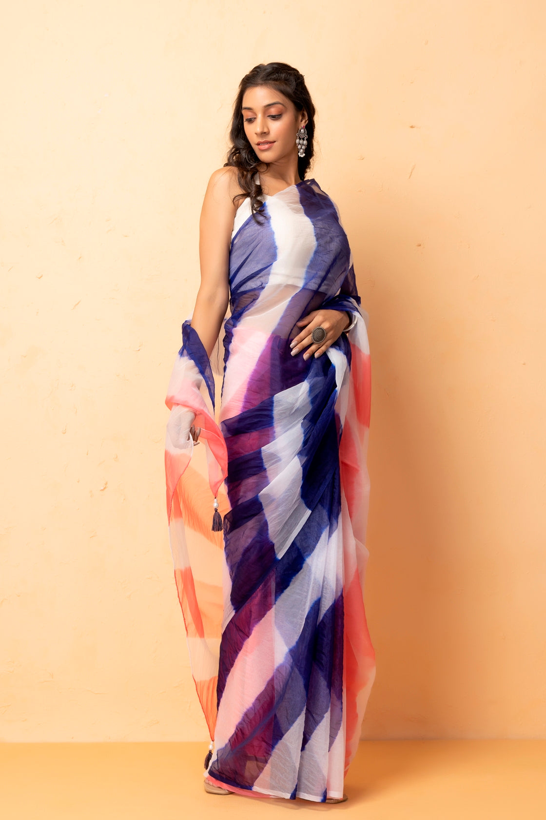 Blue Orange Shaded Organza Hand Dyed Leheriya Saree