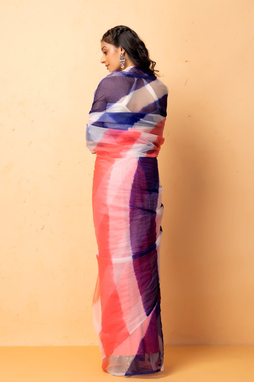 Blue Orange Shaded Organza Hand Dyed Leheriya Saree