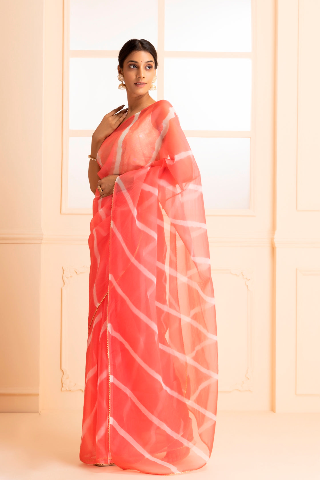 Pink Hand Dyed Leheriya Organza Saree