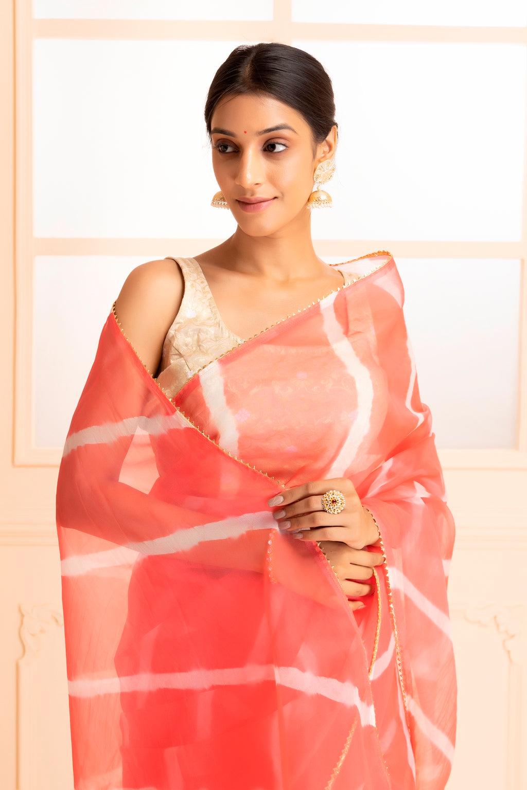 Pink Hand Dyed Leheriya Organza Saree