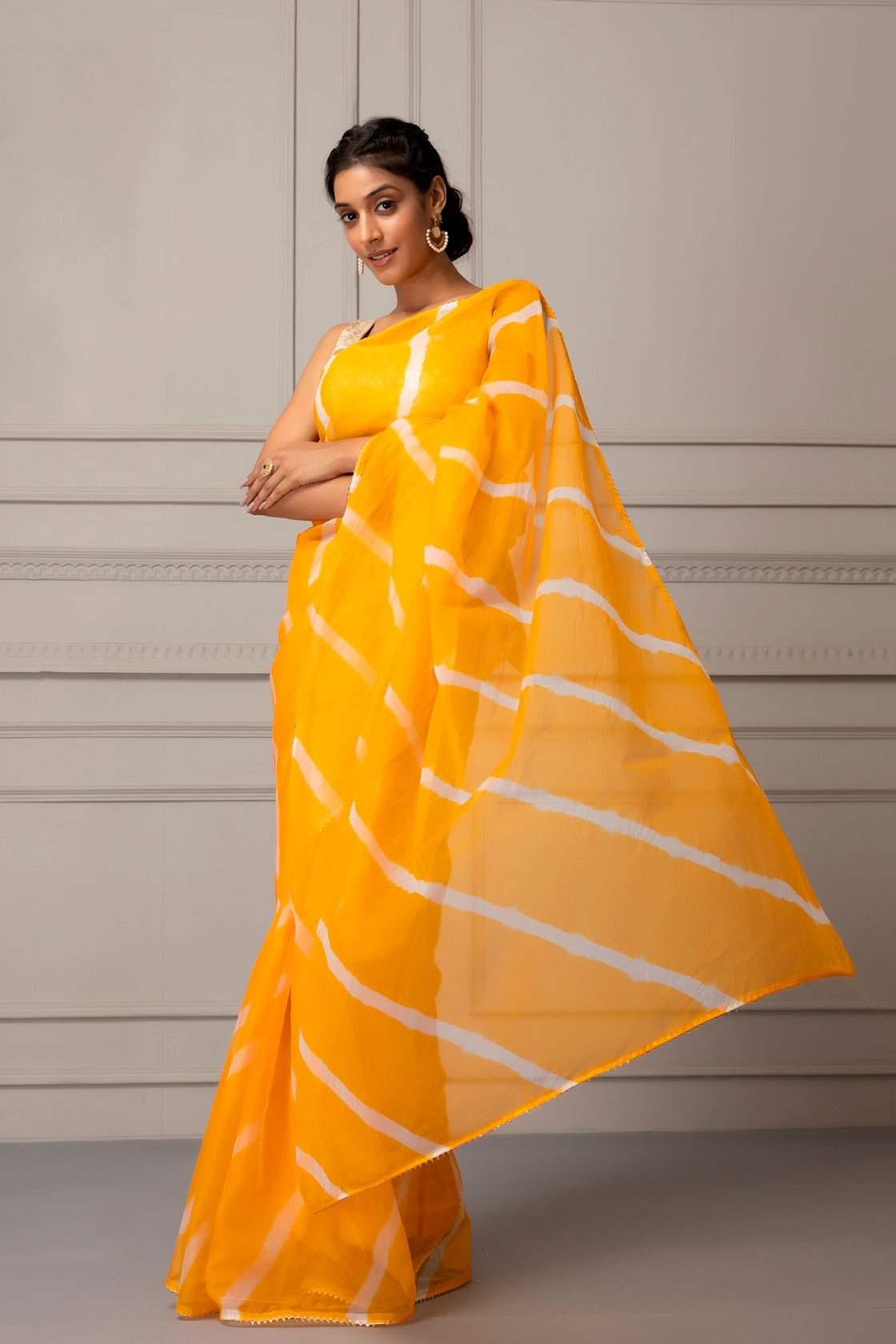 Yellow Organza Hand Dyed Leheriya Saree