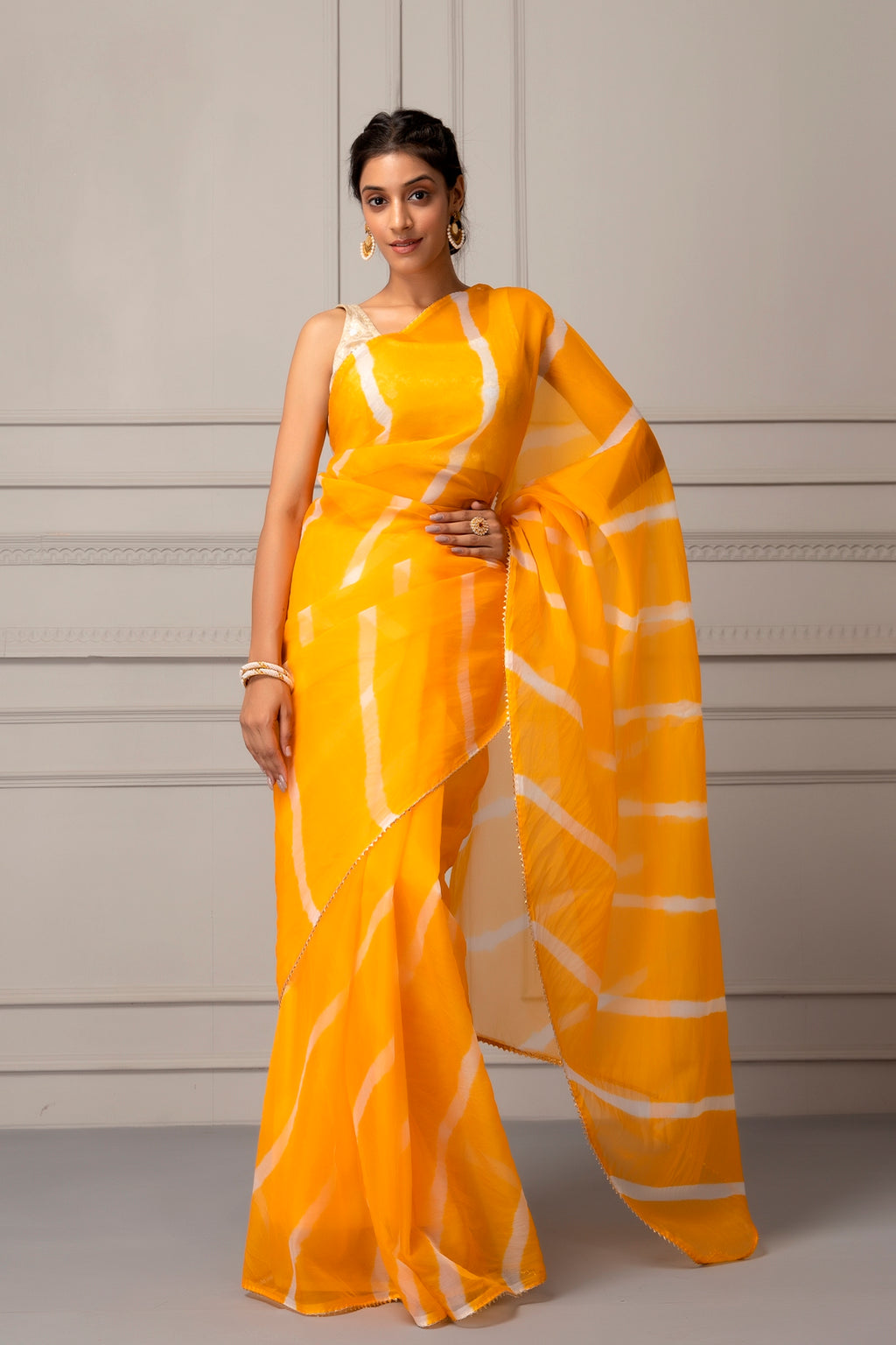 Yellow Organza Hand Dyed Leheriya Saree