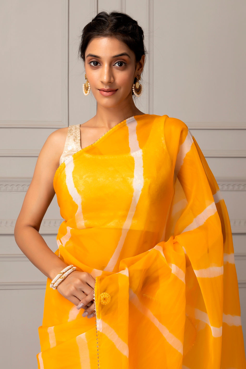 Yellow Organza Hand Dyed Leheriya Saree