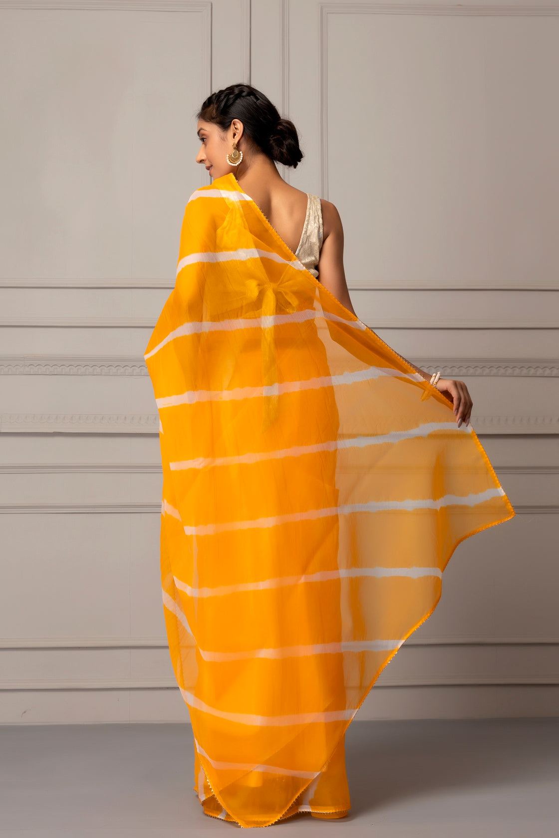 Yellow Organza Hand Dyed Leheriya Saree