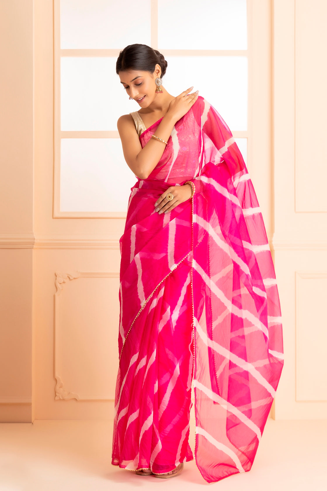 Magenta Pink Organza Hand Dyed Leheriya Saree
