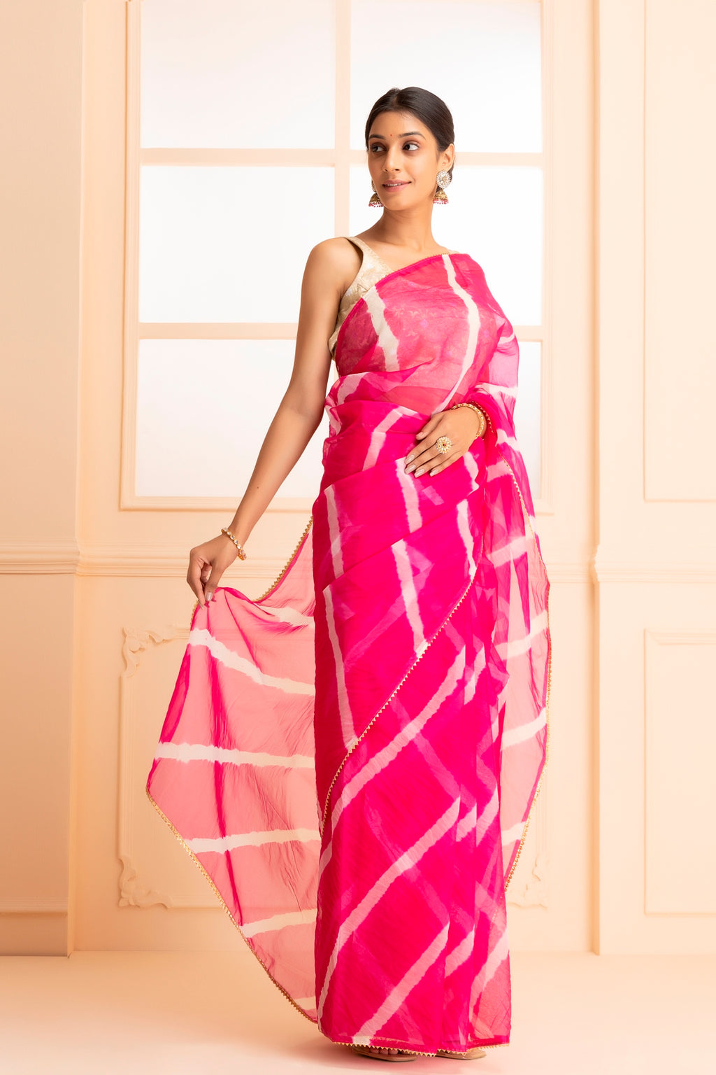 Magenta Pink Organza Hand Dyed Leheriya Saree