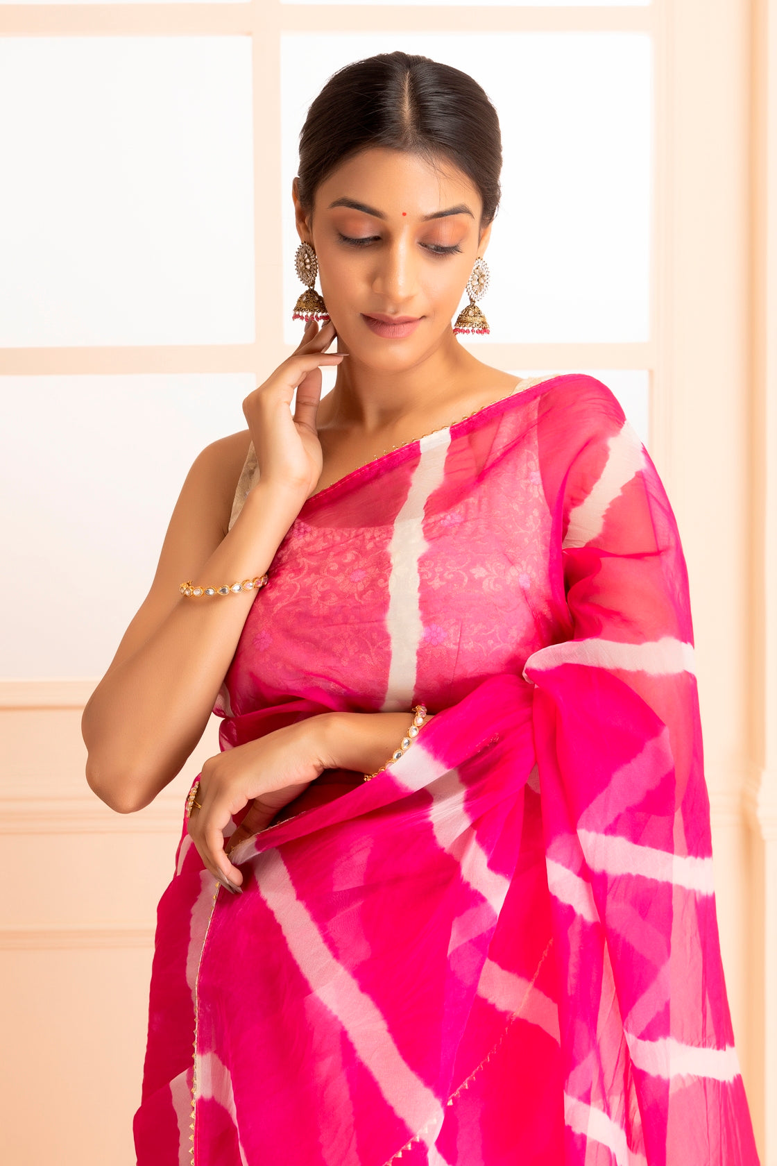 Magenta Pink Organza Hand Dyed Leheriya Saree