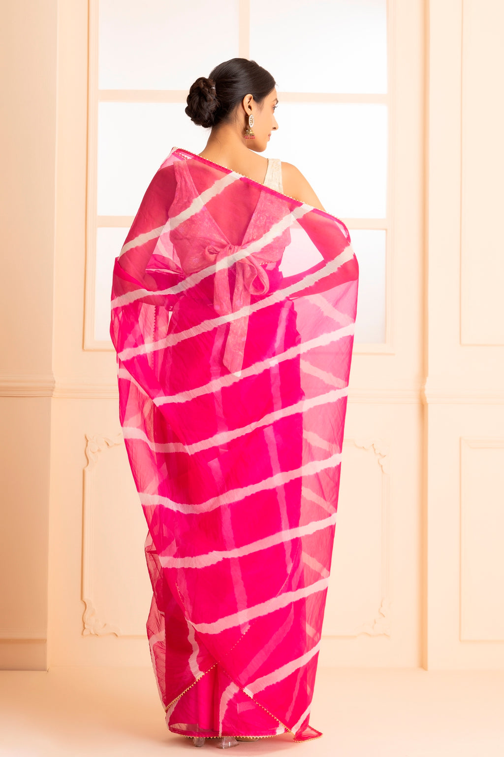 Magenta Pink Organza Hand Dyed Leheriya Saree