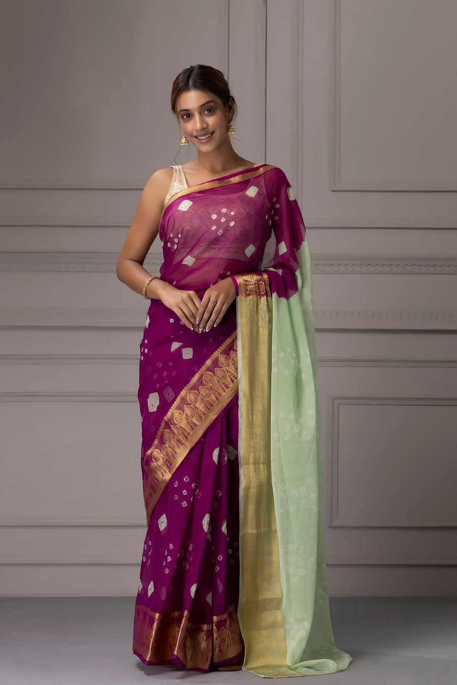 Mauve Bandhani Zari Border Chiffon Saree