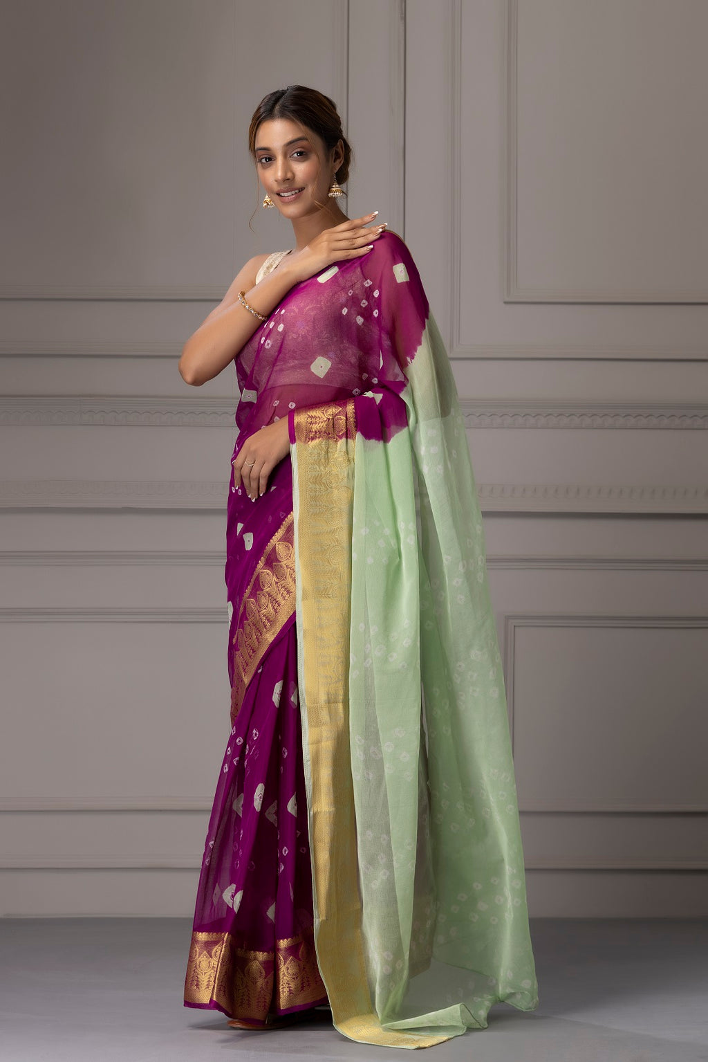 Mauve Bandhani Zari Border Chiffon Saree