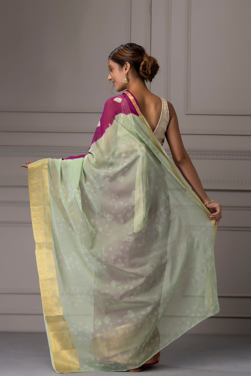 Mauve Bandhani Zari Border Chiffon Saree