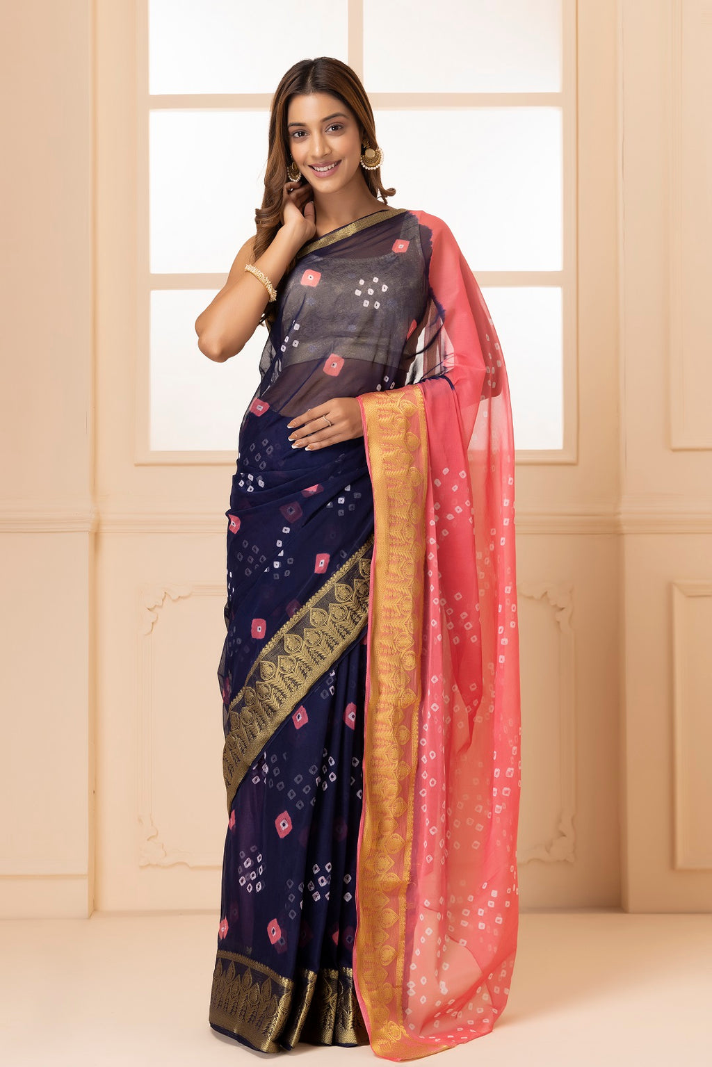 Navy Blue Bandhani Zari Border Chiffon Saree