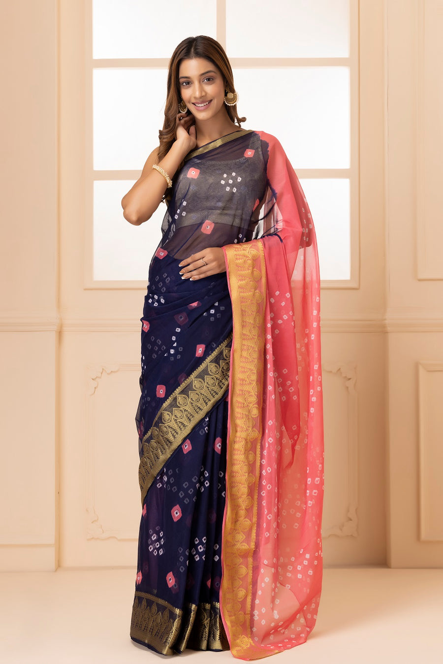 Navy Blue Bandhani Zari Border Chiffon Saree