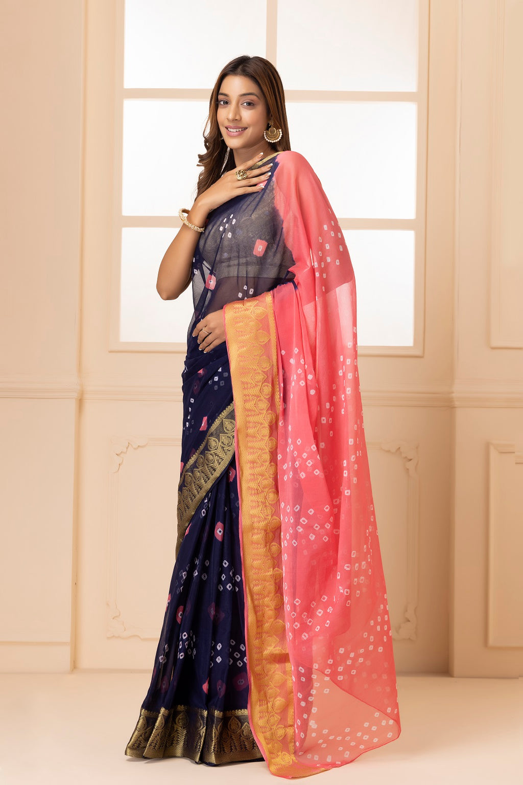 Navy Blue Bandhani Zari Border Chiffon Saree