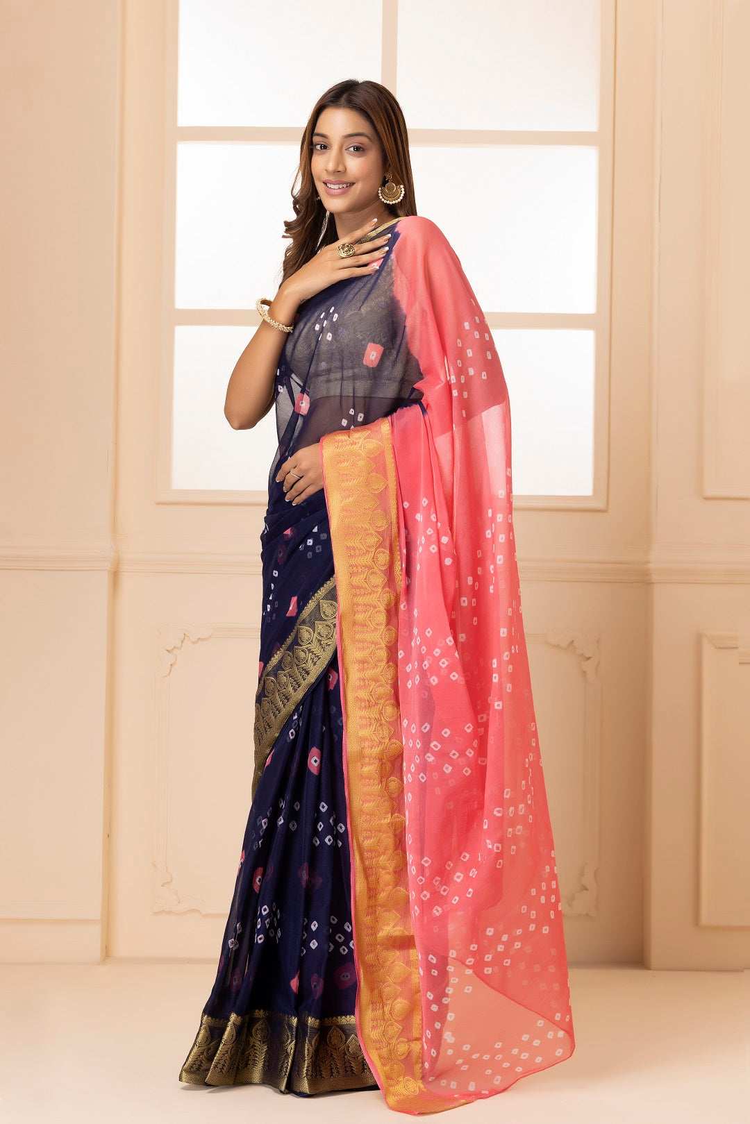 Navy Blue Bandhani Zari Border Chiffon Saree