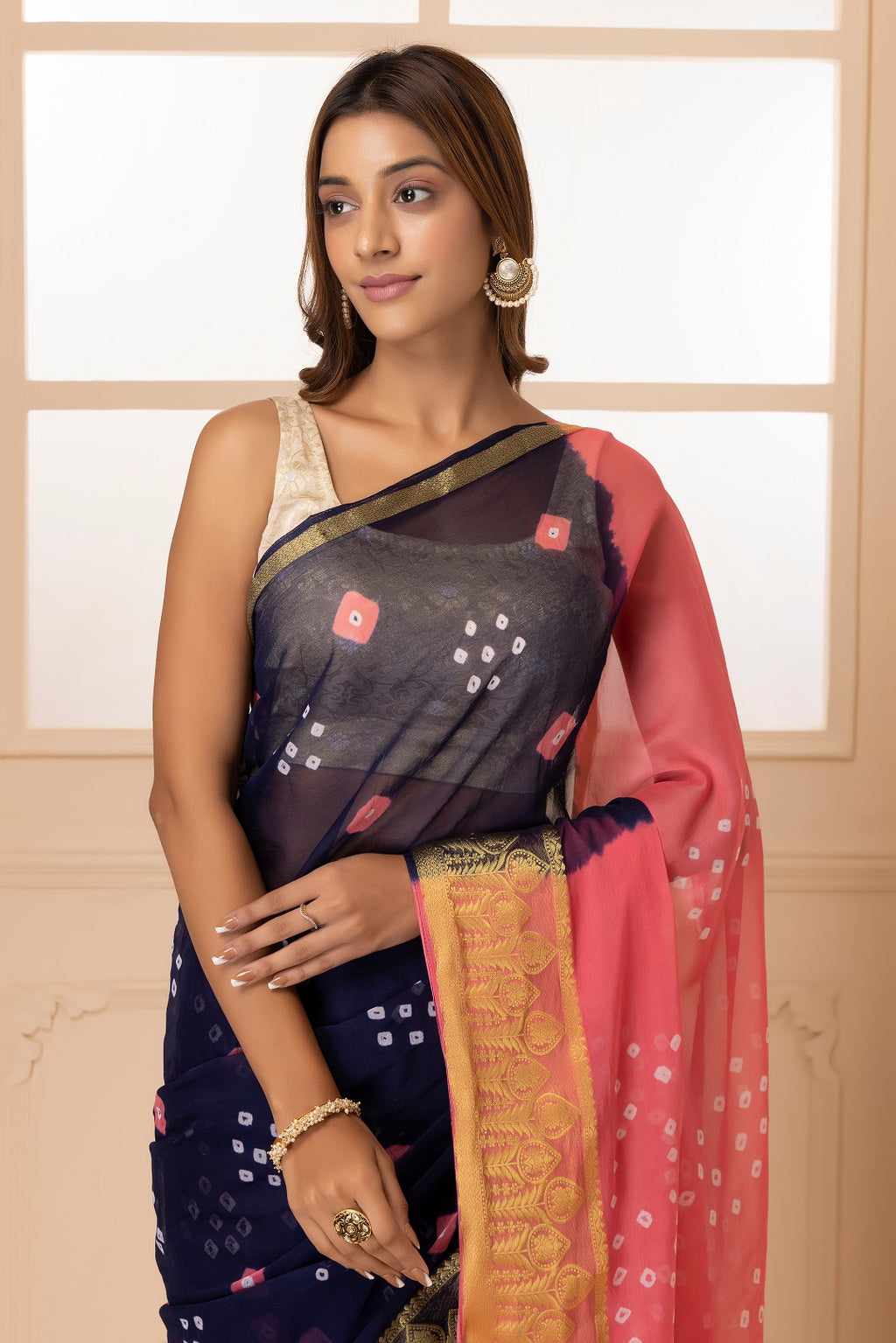 Navy Blue Bandhani Zari Border Chiffon Saree