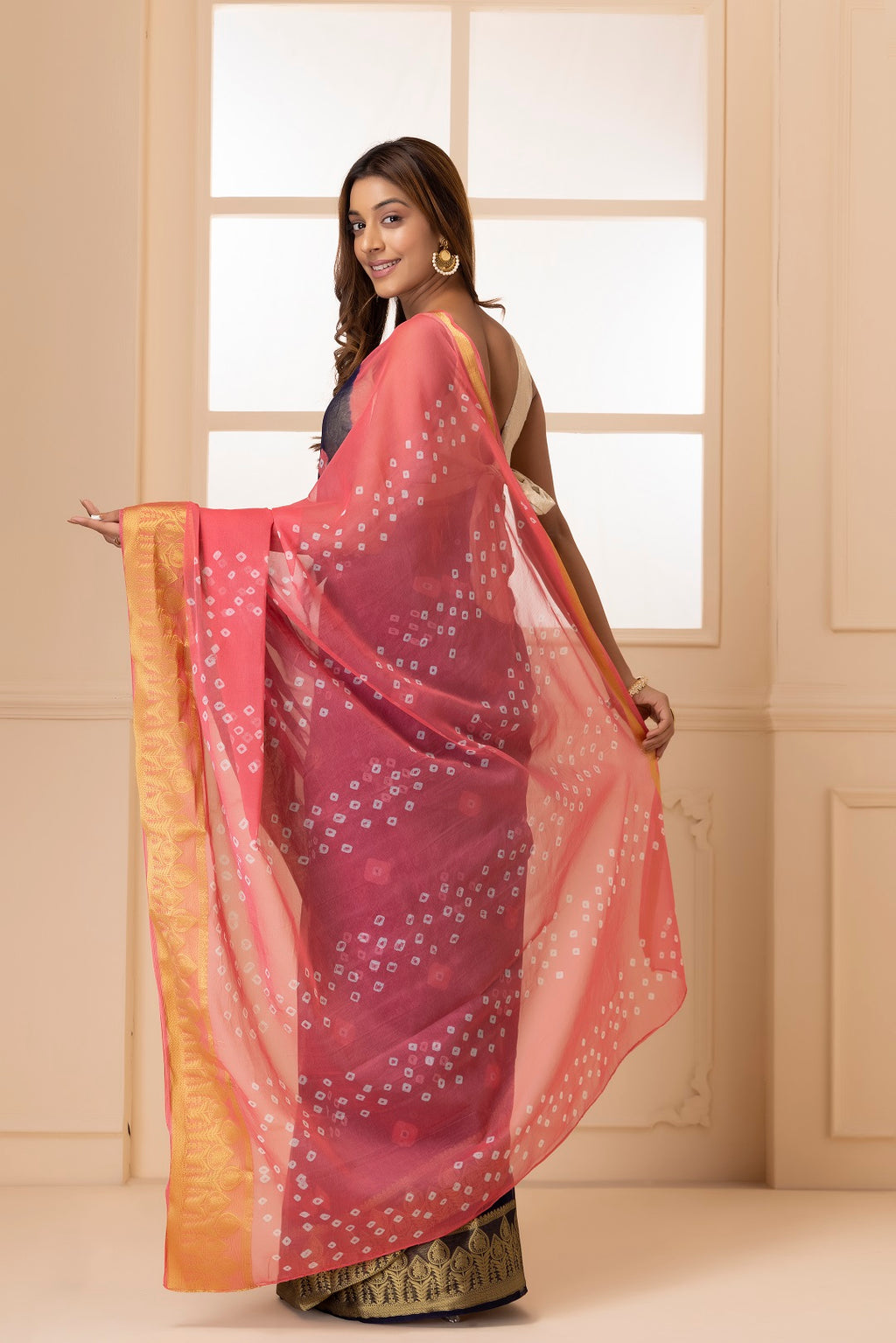 Navy Blue Bandhani Zari Border Chiffon Saree