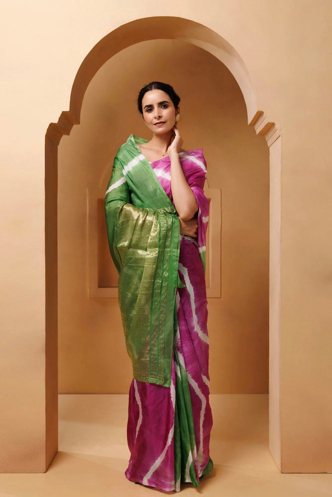 Pink-Green Tabby Silk Hand Dyed Leheriya Saree