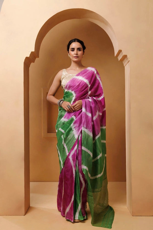 Pink-Green Tabby Silk Hand Dyed Leheriya Saree