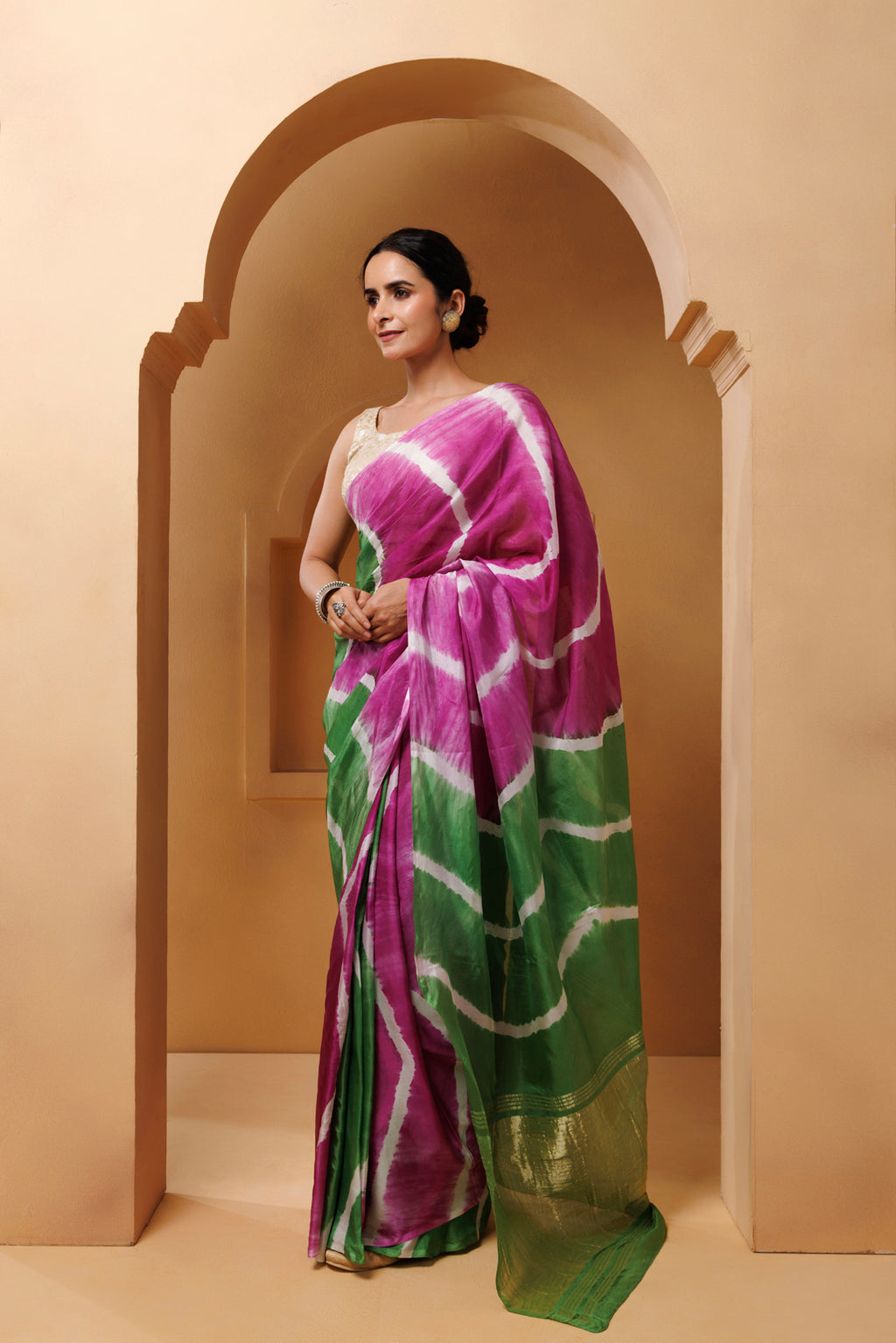 Pink-Green Tabby Silk Hand Dyed Leheriya Saree