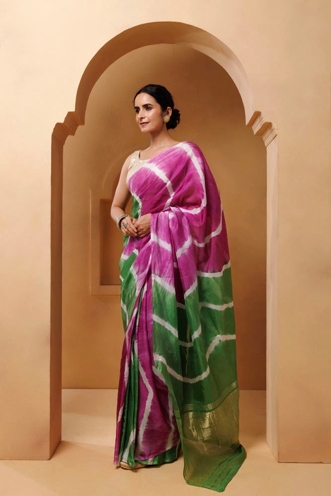 Pink-Green Tabby Silk Hand Dyed Leheriya Saree