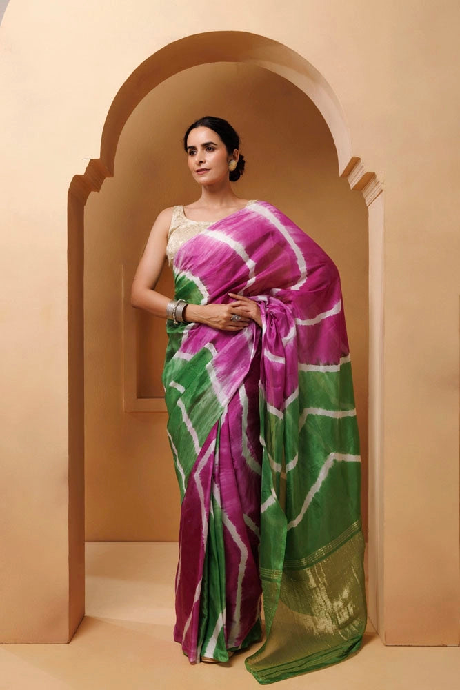 Pink-Green Tabby Silk Hand Dyed Leheriya Saree