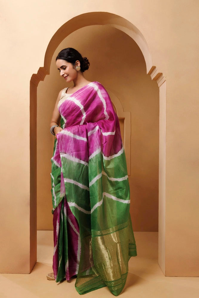Pink-Green Tabby Silk Hand Dyed Leheriya Saree