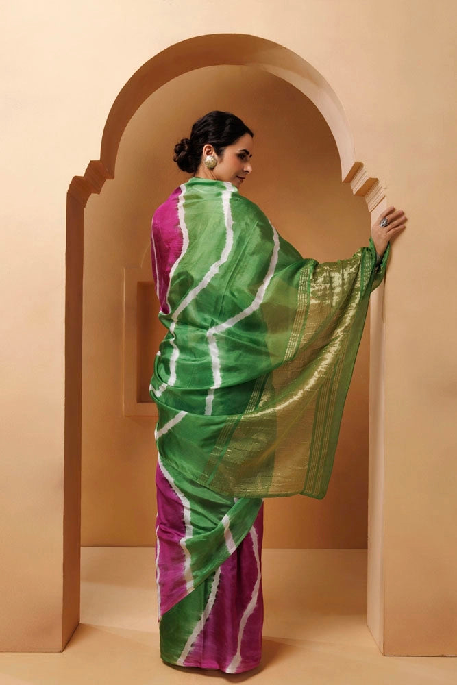 Pink-Green Tabby Silk Hand Dyed Leheriya Saree