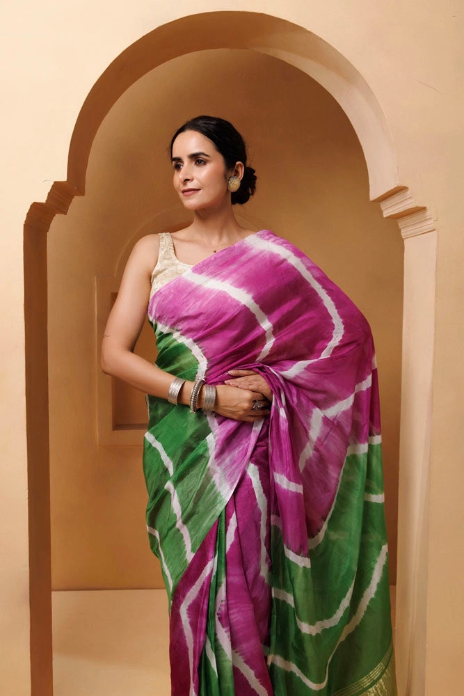 Pink-Green Tabby Silk Hand Dyed Leheriya Saree