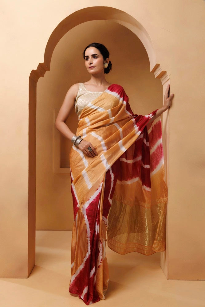 Beige-Red Tabby Silk Hand Dyed Leheriya Saree