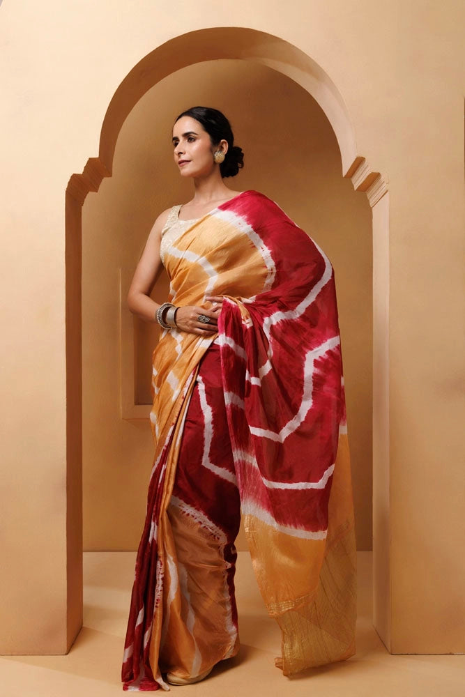 Beige-Red Tabby Silk Hand Dyed Leheriya Saree