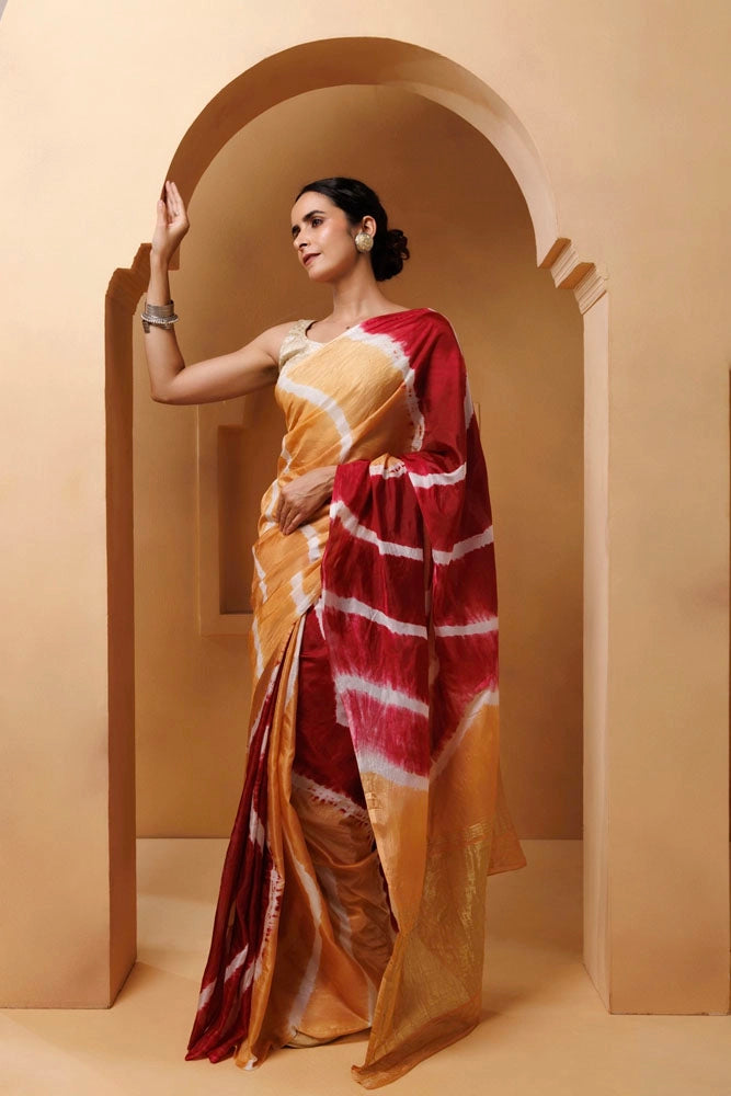 Beige-Red Tabby Silk Hand Dyed Leheriya Saree