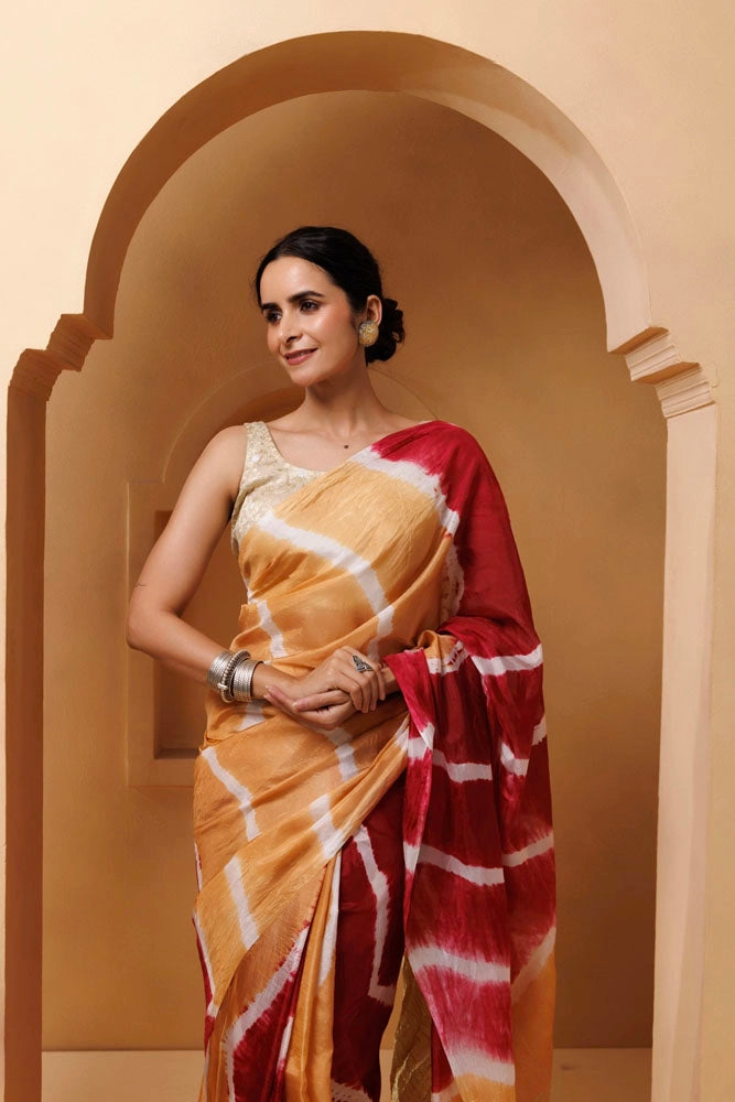 Beige-Red Tabby Silk Hand Dyed Leheriya Saree
