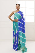 Blue-Green Tabby Silk Hand Dyed Leheriya Saree