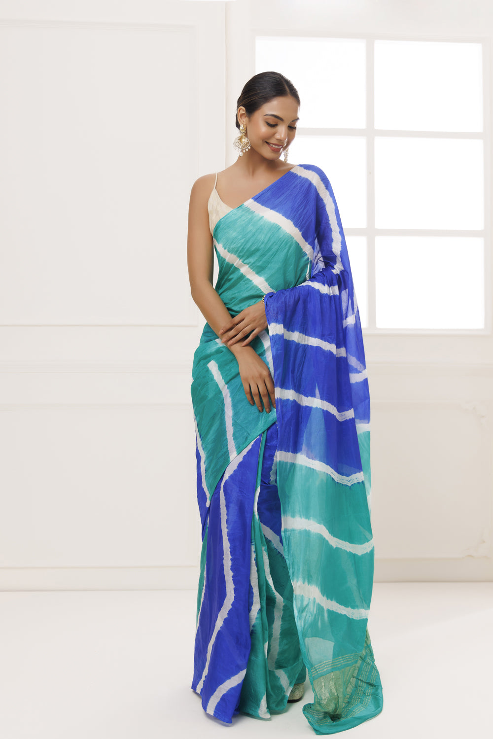 Blue-Green Tabby Silk Hand Dyed Leheriya Saree