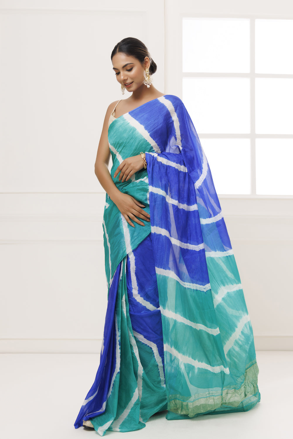 Blue-Green Tabby Silk Hand Dyed Leheriya Saree