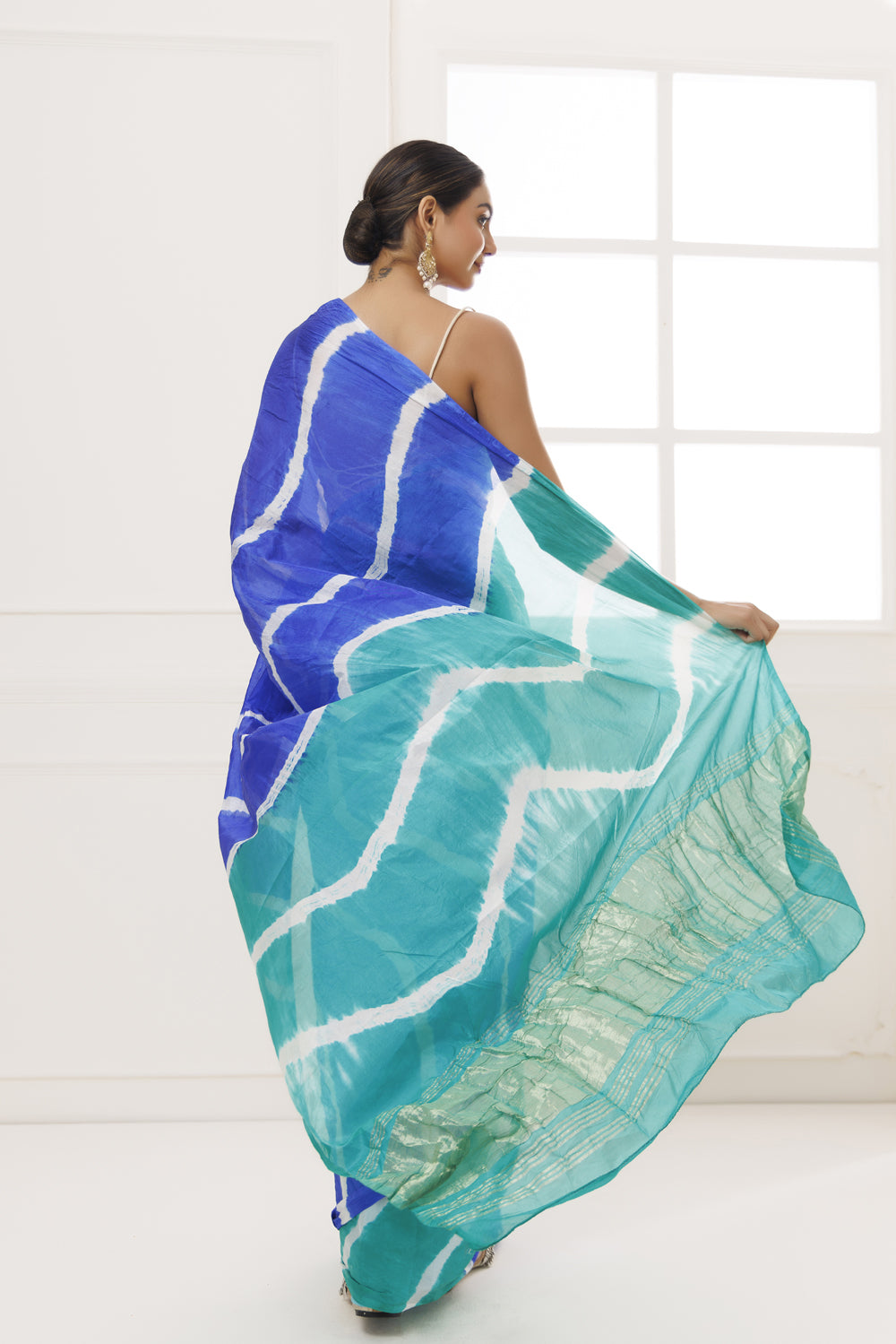 Blue-Green Tabby Silk Hand Dyed Leheriya Saree