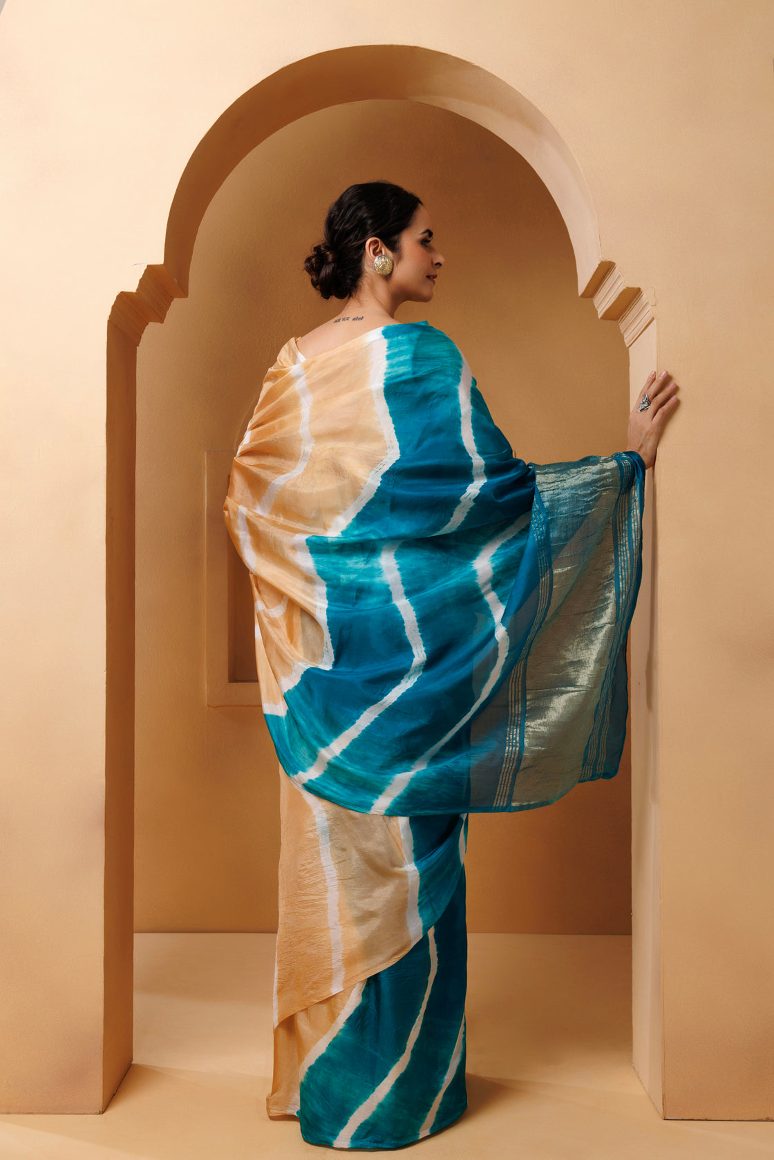 Beige-Turquoise Tabby Silk Hand Dyed Leheriya Saree