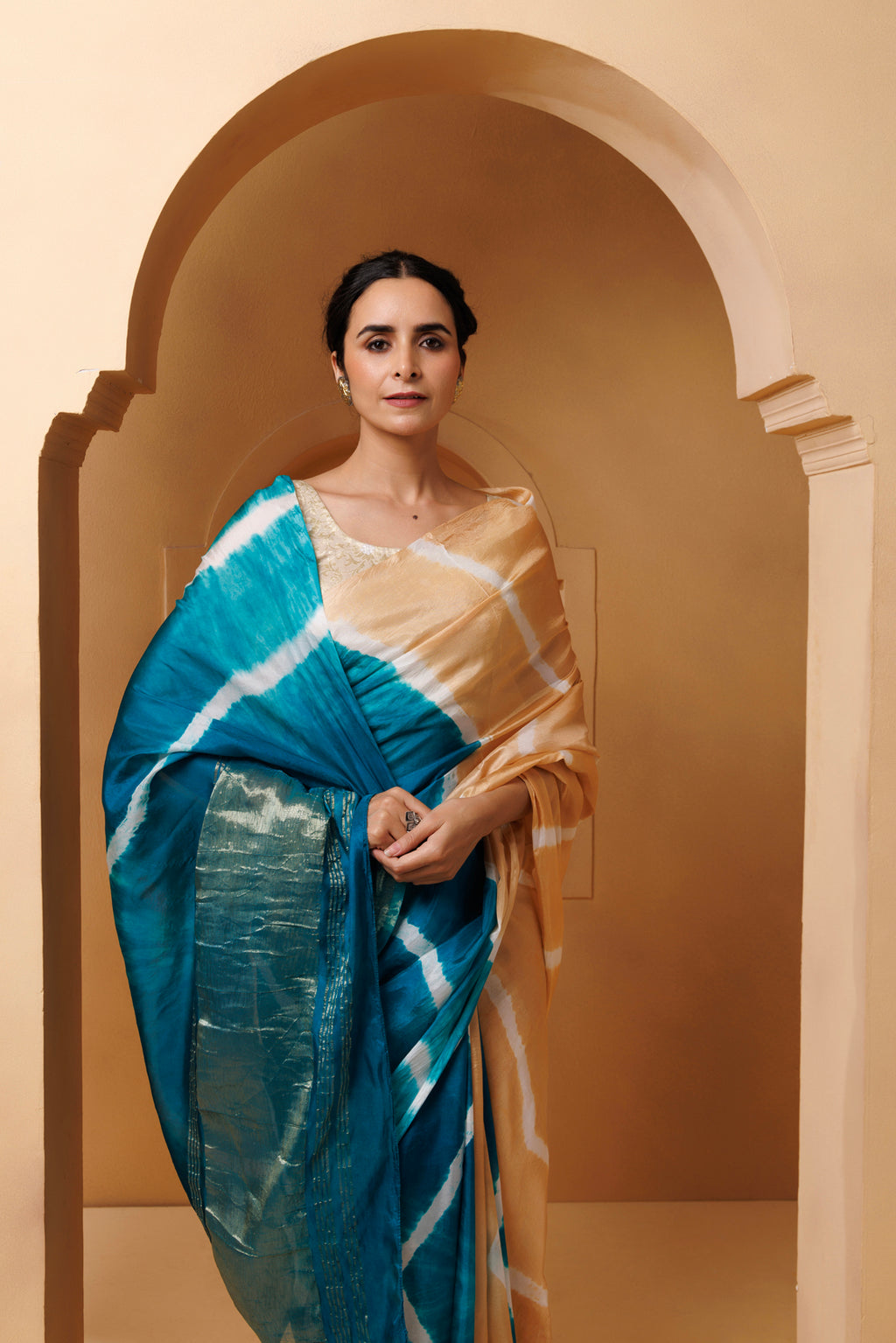 Beige-Turquoise Tabby Silk Hand Dyed Leheriya Saree