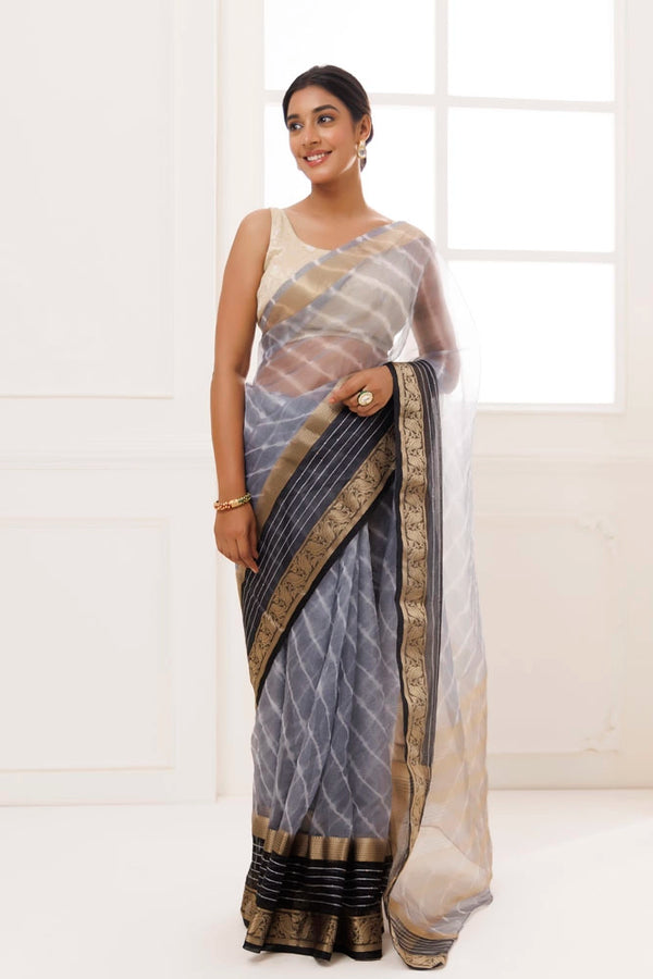 Grey Organza Zari Embellished Hand Dyed Leheriya Saree