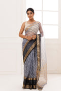 Grey Organza Zari Embellished Hand Dyed Leheriya Saree