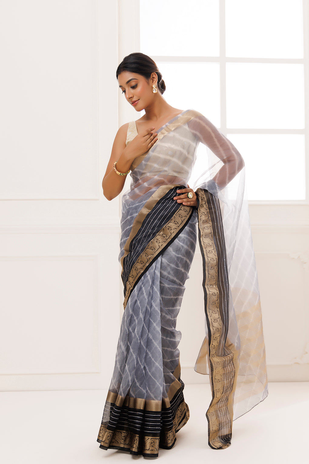 Grey Organza Zari Embellished Hand Dyed Leheriya Saree