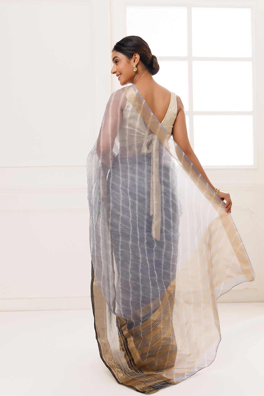 Grey Organza Zari Embellished Hand Dyed Leheriya Saree
