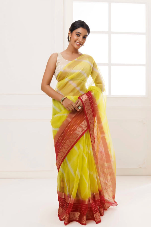 Lime Green-Maroon Organza Zari Embellished Hand Dyed Leheriya Saree