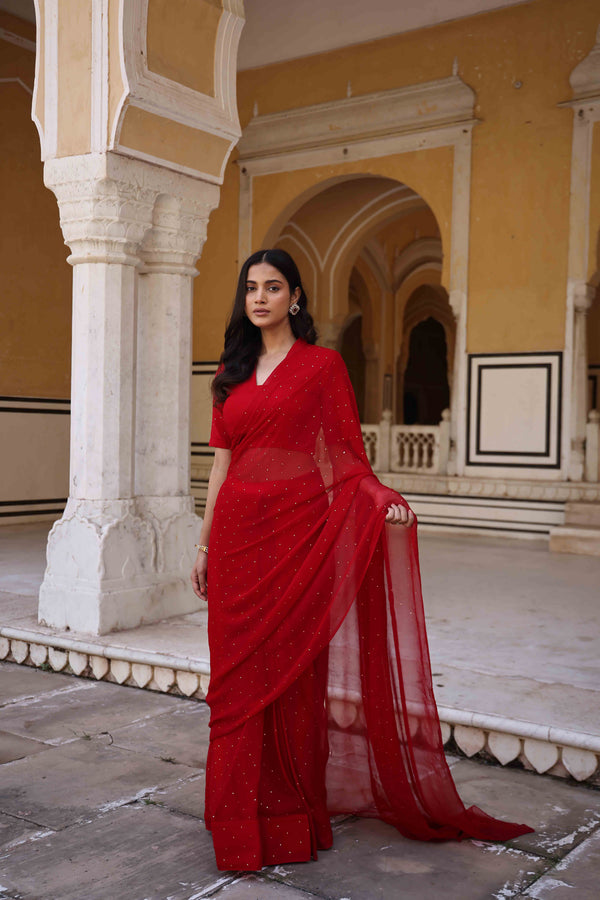 Red Ready to Wear Mukaish Chiffon Saree