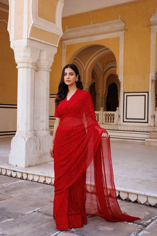 Red Hand Embroidered Mukaish Ready to Wear Chiffon Saree